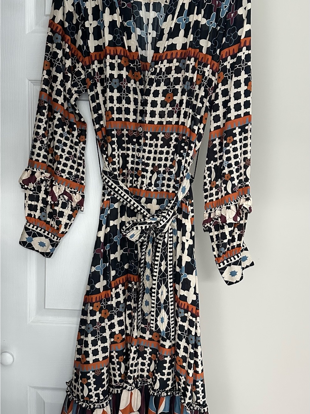 Cleobella Black, Cream & Rust Geometric Wrap Midi Dress